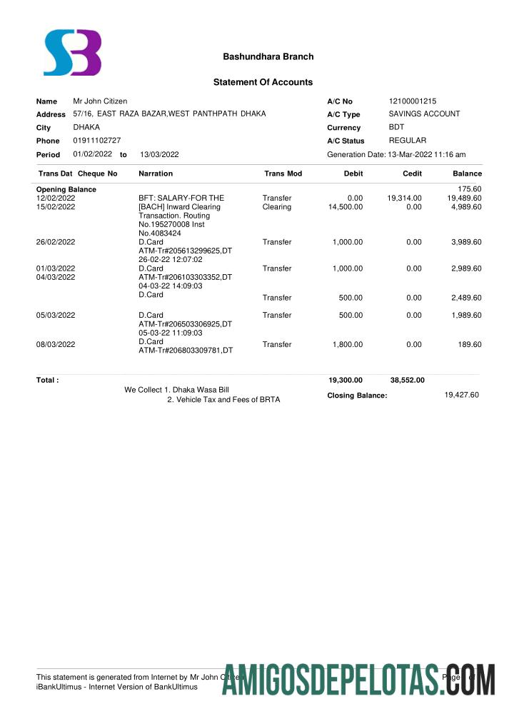 Bangladesh SB modelo de extrato bancário